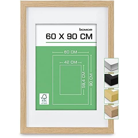 bomoe Photo Frame 60x90 cm Galeria - Wood Picture Frame with Passepartout for 42x59,5 cm Pictures (DIN A2) Plastic Glass & Metal Hangers MDF Frame for Photos & Pictures for Walls & Collage Oak Cover
