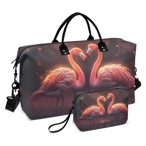 Large Travel Duffel Bag, Heart Flamingo Sports Tote Gym Bag, Shoulder Weekender Overnight Bag for Women Men, Carry On Luggage with Toiletry Bags