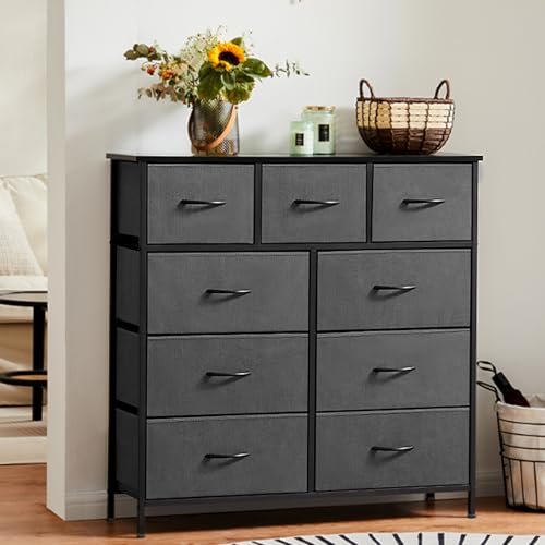 DUMOS Cómoda con cajones, cómoda y aparador para Dormitorio, Armario de Cocina con 9 cajones, cómoda de Tela con Marco de Acero Estable, Ideal para Dormitorio, salón (Gris)