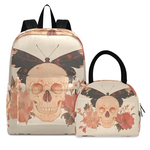 Backpack Lunch Box Set Large Capacity Travel Backpacks and Insulated Lunch Bag for Commute Hiking Picnic Boho Skull Butterfly Print