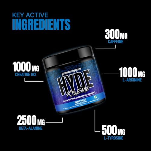 Image of HYDE Xtreme - Hard Hitting Energy Pre Workout Supplement | Caffeine, Beta-alanine, Creatine HCl, L-arginine | For Muscle Pump, Vascularity, Strength and Focus | 15 servings (Blue Razz)