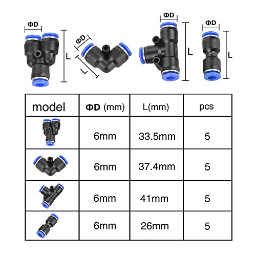 VooGenzek 20 Stück 6mm Air Push Schnellbefestigungen, 4 Form Push In Pneumatik Steckverbinder Pneumatische Verbinder, für Die Schnelle Verbindung von Luftleitungen Pneumatik Steckverbinder