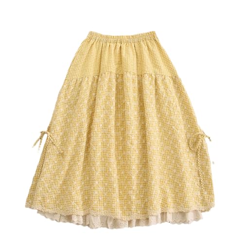 Falda acampanada de estilo japonés para mujer, con bordado a cuadros, de algodón y lino, estilo casual, amarillo, Altoa única