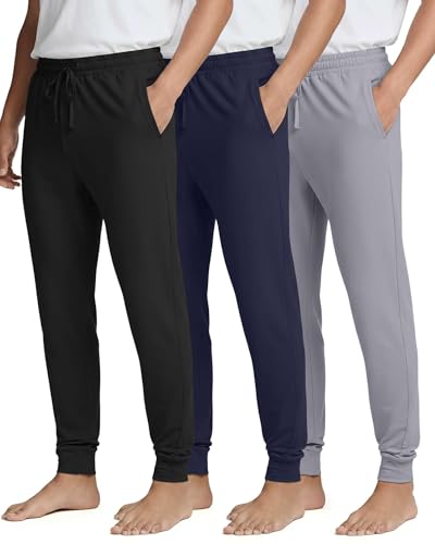 Image of Real Essentials 3 Pack: Men's Soft Lounge Sleep Joggers - Pajama Pants Drawstring & Pockets (Available in Big & Tall)