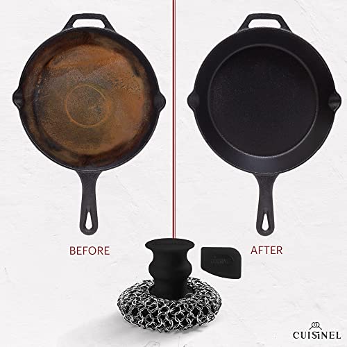 Image of Cuisinel Cast Iron Chainmail Scrubber + Pan Scraper - Deluxe Ergonomic Stainless and Silicone Cleaner for Pots and Skillets - Food-Safe Design - Easy to Clean Dishwasher Safe Cookware Sponge Accessory