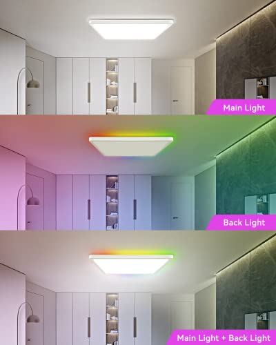 3000K-6000K Dimmable Ceiling Light Fixture With Remote Control, 12 Inch 24W 3200Lm Flush Mount Led Ceiling Light With Rgb Color Changing Back Light, Ip44 Square Ceiling Lamp For Bedroom Living Room #TOP4
