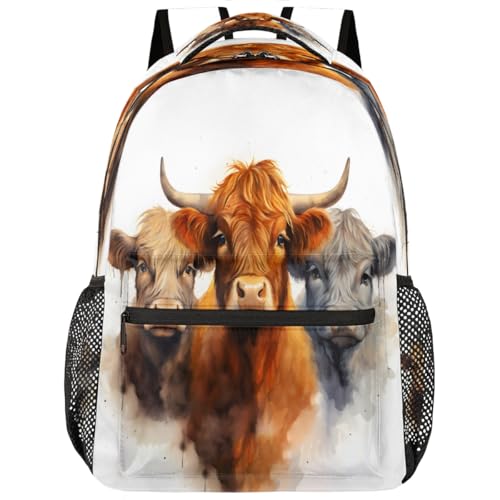 Watercolor Highland Cow Kids Backpack for Boys & Girls, School Bag with Laptop Compartment Adjustable Shoulder Straps, Lightweight Travel Bookbag Casual Daypack for Students Teens