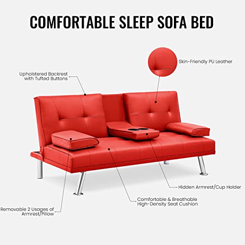 Recaceik Futon Sofa Bed Faux Leather Couch Convertible Folding Sleeper Sofa With Upholstered Removable Armrest Metal Leg And 2 Cupholders, Space Saving Furniture Couches For Living Room Apartment #TOP5