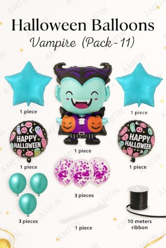 Image of AMFIN (Pack of 11) Halloween Balloon Decoration Set - Cartoon Vampire Foil Balloon, 2 inchHappy Halloween inch Round Balloons, 2 Blue Star Balloons - Spooky Party Supplies for Kids & Adults