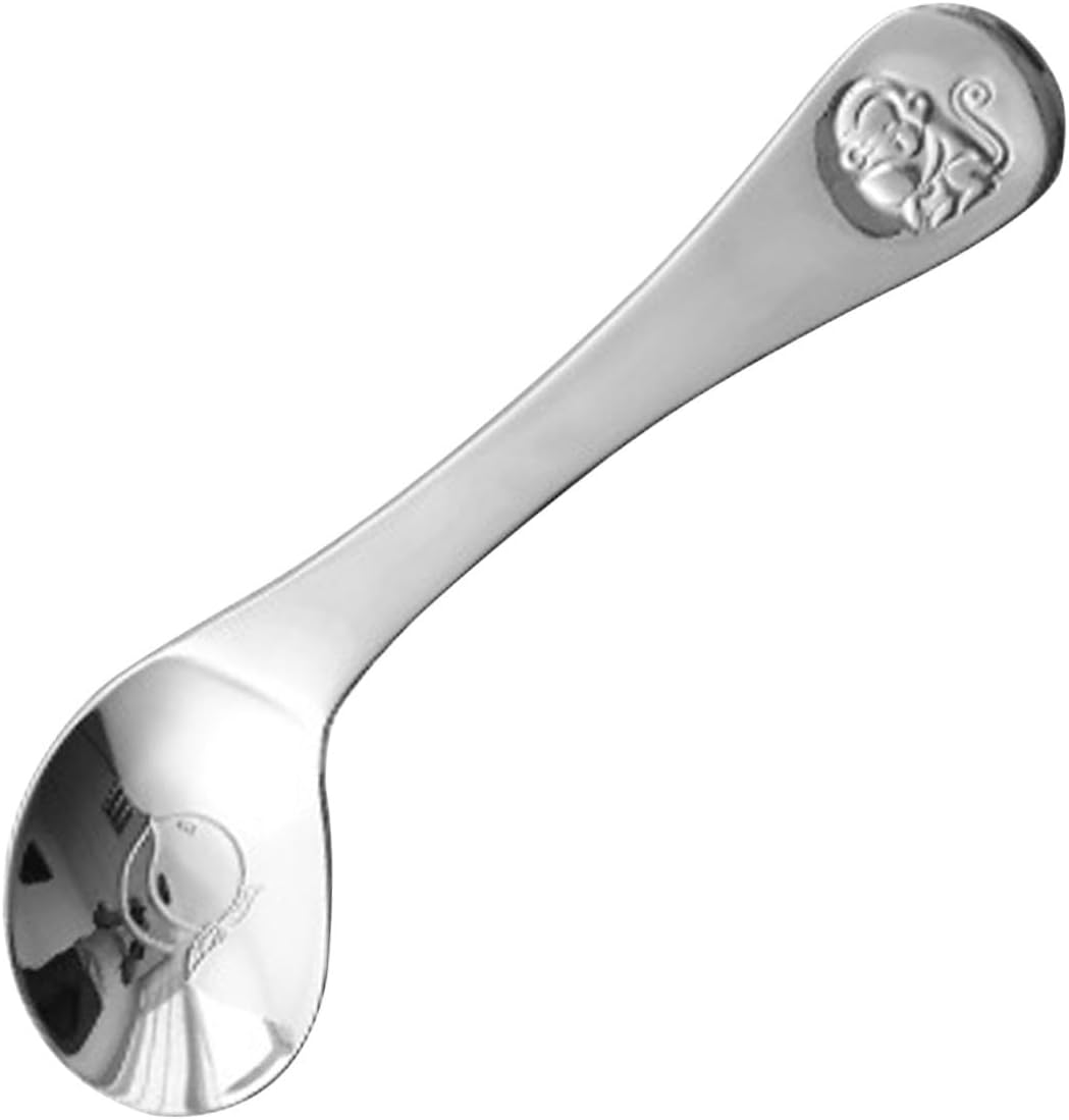 Stainless Steel Feeding Spoon for Boy Girl with Ergonomic Left-bent Handle Smooth Rounded Edges Animal Pattern Engraving Safe and Comfortable Self-feeding Utensil for Tableware