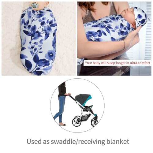 Image of Watercolor Navy Blue Leaf Swaddle Blanket with Beanie Hat Set Newborn Swaddle Wrap Soft Baby Receiving Blankets Baby Swaddle Blanket for Baby Boys and Girls