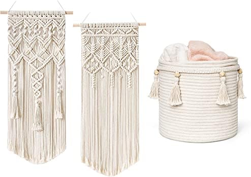 Mkono Macrame Woven Wall Hanging and Boho Storage Basket Home Dec...