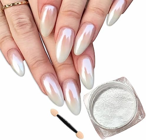 White Pearl Chrome Nail Powder, Mirror Effect Pearlescent White Nail Art Jewelry Glitter Powder Metallic Pigment for Nails, Magic Nail Powder Fine & Shiny Holographic Ice Aurora Dust Nail Powder
