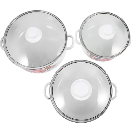 FUOYLOO 3 Piezas de Cacerolas Esmaltadas Vintage Tapa y Asas Resistentes, Ollas para Guisar y Cocinar Sopas, Aptas para Cocina de Inducción y Gas, Fáciles de Limpiar Estilo Aleatorio