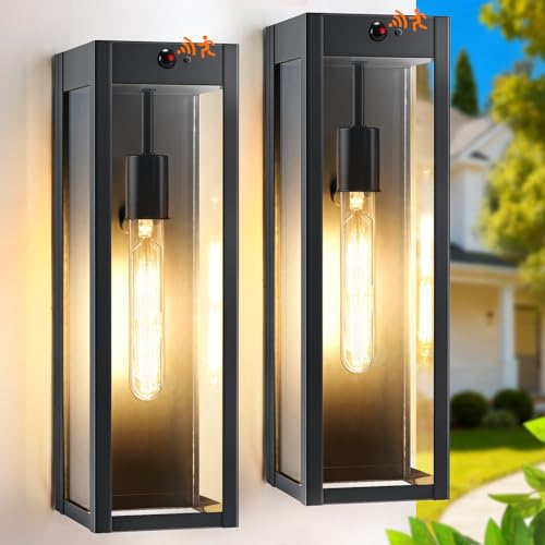 Motion Sensor Large Outdoor Wall Light Fixtures 2-Pack, Anti-Rust Front Porch Lights Wall Mount, 16'' Dusk to Dawn Outside Sconce Lights for House, Waterproof Black Exterior Coach Lights for Garage
