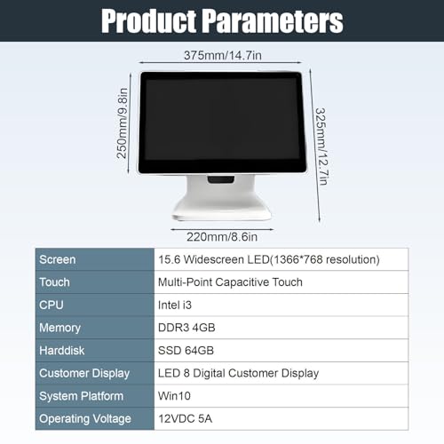 Image of 15.6 Inch Touch Screen PC POS Systems,Touch Screen Cash Register Monitor,All-in-One Cash Register,4GB RAM,64G SSD,Adjustable Angle,for Retail,Restaurant