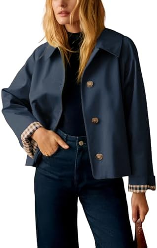 Yeokou Women Oversize Trench Coat Plaid Lining Lapel Button Down ...