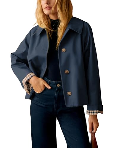 Yeokou Women Oversize Trench Coat Plaid Lining Lapel Button Down Casual Crop Jacket Outwear with...