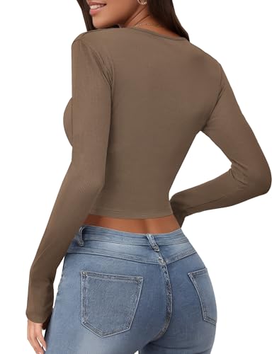 Buauty Women's Crop Tops Square Neck Shirts Long Sleeve Cropped Tshirts Fitted Tees Ribbed Basic Clothes Sexy Y2k Casual 20242