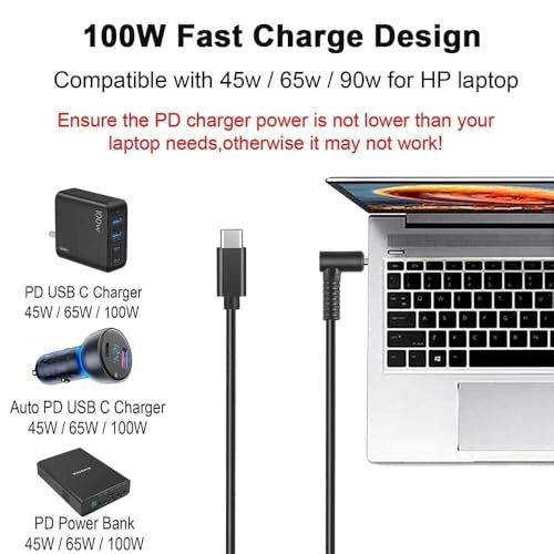 Image of USB C to 4.5mm Laptop Charging Cable Adapter Male Type C to Right Angle DC 4.5 x 3.0mm Converter (150CM) 65W PD Power Charger Supply Extension Cord for Stream 11 13 14 15 Pavilion (Type C)