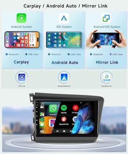 Image of 8 CORE 4G+64G Car Radio Stereo for Honda Civic 2012-2015 with Wireless CarPlay /Android Auto, 9 Inch 1280 * 720P IPS Touch Screen Android 13 GPS WiFi Bluetooth DSP SWC HD Backup Camera