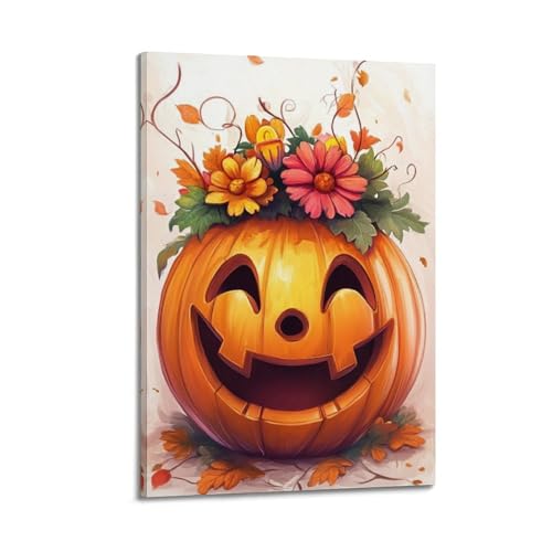 Poster Halloween lanterne et fleurs décoration murale sur toile tendue encadrée 40x60cm