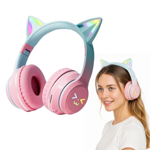 NHQZ Cuffie Bluetooth Bambina,Con Orecchie da Gatto con luce a LED,Cuffie Bluetooth Bambini,Cuffie Pieghevoli,Senza fili e Cablate,per Bambini,Bambine (Sfumato Blu)