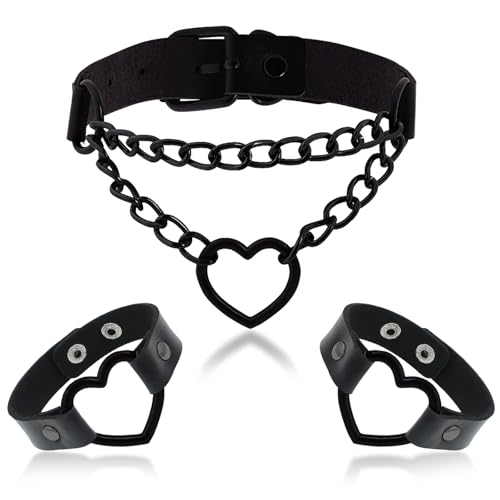 2PCS Black Choker Necklace for Women Leather Chokers Collar and Leash Set Goth Sexy Chokers for Women Heart Chain Choker Necklaces Jewelry Gift for Halloween Gothic Outfits Cosplay