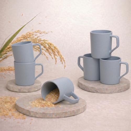 Image of Coffee Mug Set Made with Rice Husk & Bio Composite Material | TurtleBrew Coffee Mug Travel | Microwave & Dishwasher Safe | Light Blue | 200 ml | Pack of 6