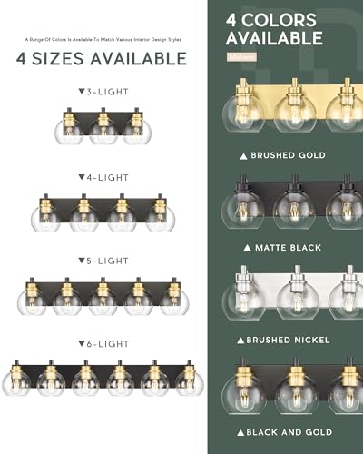 Image of 6-Light Black and Gold Bathroom Vanity Light Over Mirror, VL195-KG-6 | 38 Inch Modern Wall Sconces, Globe Clear Glass Shade, Bathroom Light Fixtures