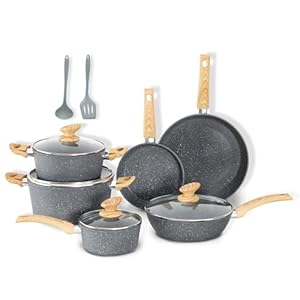 Induction Pots and Pans Set Non Stick, 12 Piece Kitchen Cookware Sets, Nonstick Induction Cookware Granite Cooking Set with Frying Pans, Pot and Pan set, Pans for Cooking, Gray