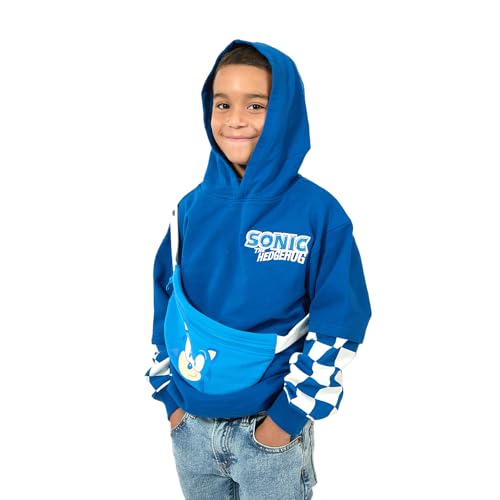 Bioworld Sonic The Hedgehog Character Face Long Sleeve Boys Blue Hooded Sweatshirt & Detachable Fanny Pack-4