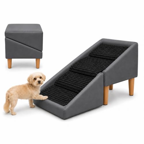 CATPUPLIV Dog Stairs for Small Dogs 16.5" H - Upgraded Non-Slip Dog Ramp for Couch, Foldable 2-in-1 Pet Ramp and Ottoman, Pet Stairs for Puppy, Pet Steps with Solid Wood Frame(Grey)