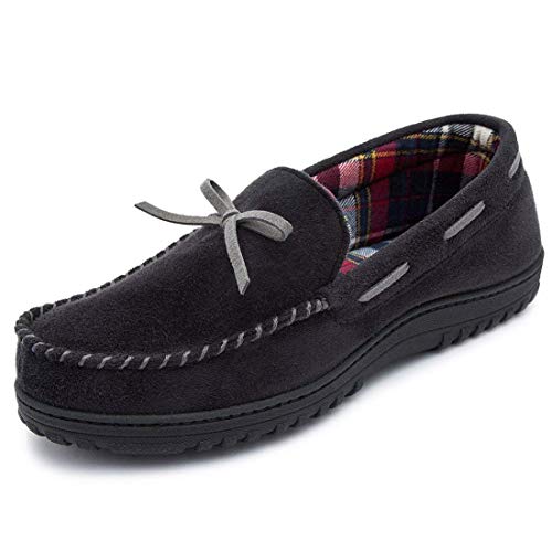 RockDove Mens Flannel Lined Moccasin Slipper with Memory Foam, Size 10 US Men, Black/Grey