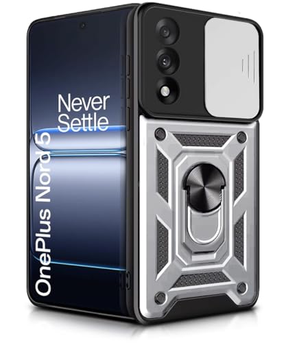 Image of WOW IMAGINE Tough Armor Bumper Mobile Back Case for 1+ OnePlus Nord 5 | Sliding Camera Shield Cover | Shock Proof 360 Protection | Hybrid PC + TPU | Ring Holder with Kickstand - Silver