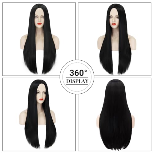 Mersi Long Black Wig for Women Halloween Costume 27'' Straight Long Black Wig Natural Cute Black Wigs for Costume Women S034BK