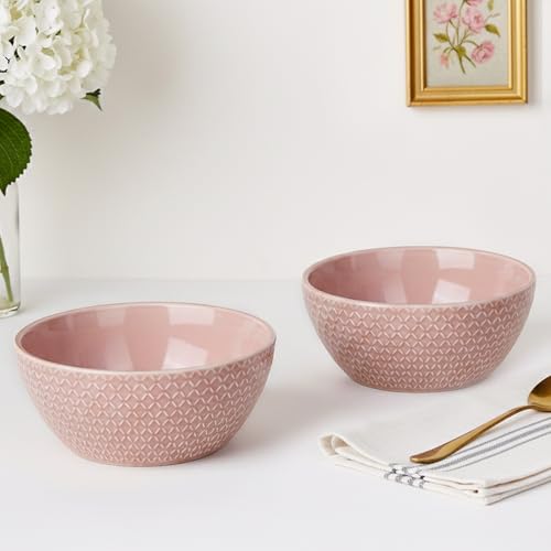 Image of The Earth Store Pink Embossed Ceramic Bowl Set of 2 - 500ML Each | Ceramic Mixing Bowls for Snacks, More | Rice, Dal, Fruits, Salad | Microwave Safe Bowl Set | Perfect for Gifting & Daily Use