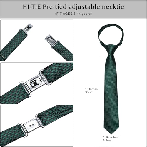 Image of Hi-Tie Boys Tie Pre-Tied Pocket Square Set Adjustable Kids Neckties Age 7-11 Years School UniForm Graduation