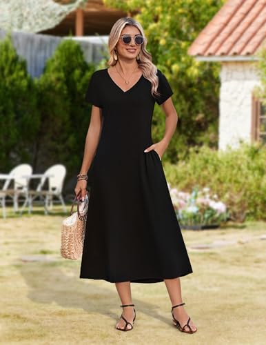 Image of Zeagoo Women Summer Floral Dress Short Sleeve Beach Dress with Pockets Casual V-Neck Split Long T-Shirt Dress Travel Vacation
