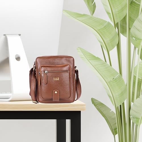 Image of Premium Genuine Leather Messenger Sling Bag for Men & Women - Multipurpose Crossbody Bag with Adjustable Strap & Multiple Pockets for Travel, Office, Work, College & Daily Use