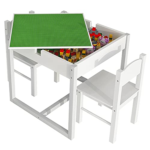 4Nm 2 In 1 Kids Activity Table And 2 Chairs Set With Hidden Storage Compartment, Wood Play Building Block Table For Toddlers Children (White) #TOP2