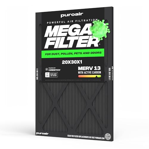 PuroAir MegaFilter - 20x30x1 Air Filter MERV 13 Activated CarbonTech Defense - Heavy Duty 3 Layer Furnace Filters Allergens, Pollen, Dust, Pet Dander, Smoke, Odors - HVAC Air Filter 20x30x1 (1-Pack)