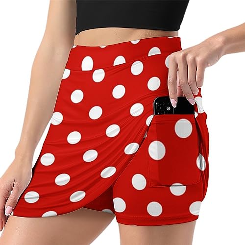 Red and White Polka Dots Skorts for Woman Casual Mini Skirt with Bike Shorts Single Pocket 2XL