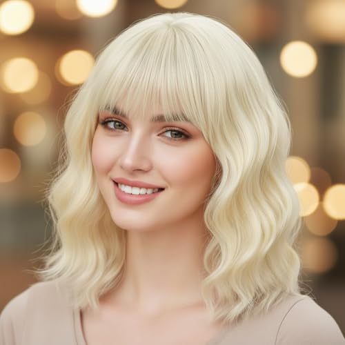 Image of AGO Blonde Wig with Bangs Short Curly Bob Wigs 14Inch Platinum Blonde Wigs Wavy Hair for Women Colorful Cosplay Wig Heat Resistant Fiber Hair for Daily Party Halloween Costume Use(60A /88#Blonde)