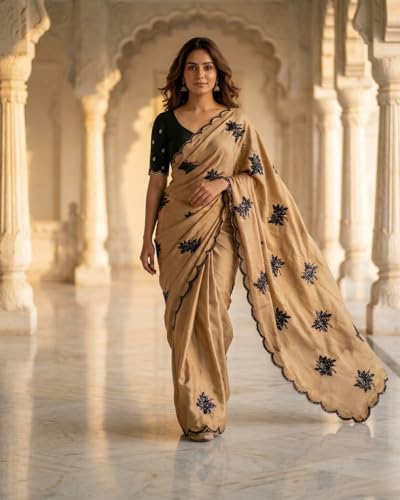 Image of Handcrafted Floral Embroidered Saree with Contrast Blouse