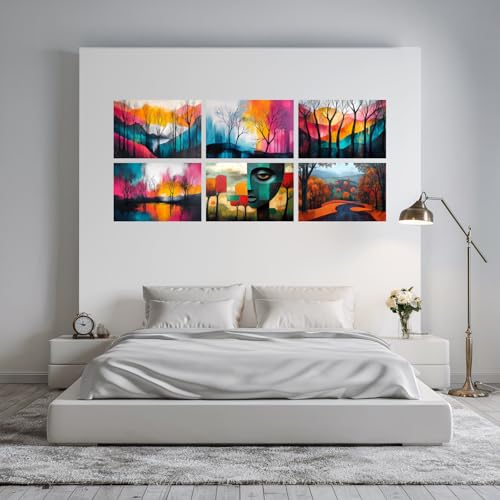 Image of SiddArtify Modern Abstract Wall Art Prints Set - Colorful Tree Poster Decor for Living Room Bedroom Office - 8x12 Sticker Pack of 6