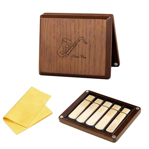 Rockhouse Wood Reed Case for Clarinet & Saxophone Guard for Alto Tenor Sax Reeds Holder Organizer 10-Slot Storage Box with Cleaning Cloth Brown