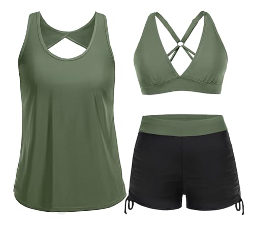Yonique 3-teiliger Tankini-Badeanzug für Damen, Tank-Top, Badeanzüge mit Boy-Shorts und BH, sportliche Bademode, Black & Army Green, Large