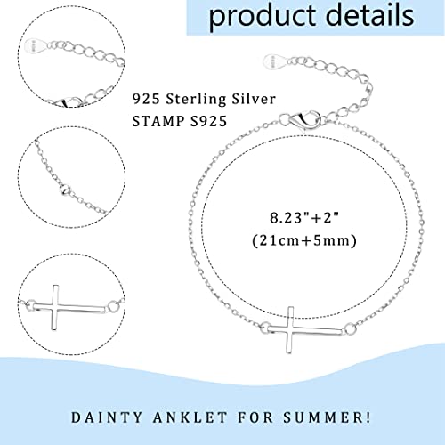 Zelores 925 Sterling Silver Cross Anklets For Women White Gold Plated Ankle Bracelets Dainty Adjustable Layered Cross Beaded Chain Anklets Summer Beach Foot Jewelry #TOP4