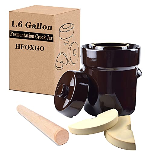 Fermentation Crock Sauerkraut Jar Stoneware Pot Ceramic for Kimchi, Vegetables,Kombucha,Glazed Fermenter Pot with Stone Weights,Lid & Pickle Tamper,Sauerkraut Crock for Fermenting-Brown,1.5 Gallon